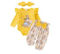 XIXIMAON Ensemble Vêtement Bébé Fille Naissance Koala Ours Barboteuse Manches Longues et Pantalon à Carreaux + Bandeau 3Pcs Tenue Automne Hiver (Jaune, 6-9 Months)