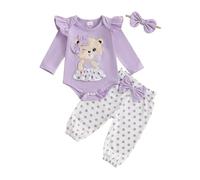 XIXIMAON Ensemble Vêtement Bébé Fille Naissance Koala Ours Barboteuse Manches Longues + Pantalon + Bandeau 3Pcs Tenue d'Automne d'Hiver (Violet Ourson, 6-9 Months)
