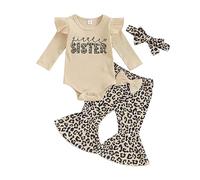 XIXIMAON Ensemble Vêtement Bébé Fille Nouveau-né Barboteuse Col Roulé Manches Longues + Pantalon Léopard + Bandeau Tenue Automne et Hiver 3 Pièces (Little Sister, 0-3 Mois)