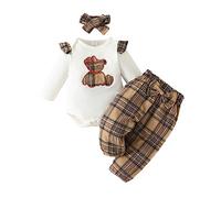 XIXIMAON Ensemble Vêtement Bébé Naissance Fille Koala Ours Barboteuse Haut Manches Longues et Pantalon à Carreaux + Bandeau 3Pcs Tenue Automne Hiver (Blanc, 0-3 Months)