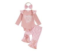 XIXIMAON Ensemble Vêtement Nouveau-né Bébé Fille Body Manches Longues à Volant + Pantalon Evasée à Carreaux à Taille Elastique + Bandeau Tenues 3 PCS (Rose Lettre, 3-6 Months)