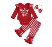 XIXIMAON Ensemble Vêtement Nouveau-né Bébé Fille Body Manches Longues à Volant + Pantalon Evasée à Carreaux à Taille Elastique + Bandeau Tenues 3 PCS (Rouge Lettre, 9-12 Months)