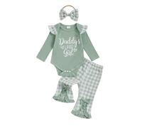 XIXIMAON Ensemble Vêtement Nouveau-né Bébé Fille Body Manches Longues à Volant + Pantalon Evasée à Carreaux à Taille Elastique + Bandeau Tenues 3 PCS (Vert Lettre, 3-6 Months)