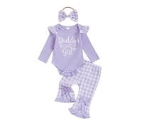 XIXIMAON Ensemble Vêtement Nouveau-né Bébé Fille Body Manches Longues à Volant + Pantalon Evasée à Carreaux à Taille Elastique + Bandeau Tenues 3 PCS (Violet Lettre, 3-6 Months)