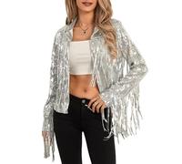 XIXIMAON Femme Blazer Veste à Paillettes Brillante Blouson Manteau à Sequins Haut Tops Chic pour Disco Soirée Fête Clubwear (Silver Frange, L)