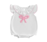 XIXIMAON Grenouillère d'été pour bébé fille, nœud brodé, volants, col rond, manches mouches, combinaison pour nourrisson, couleur unie, tenue une pièce nouveau-né en coton, rose, 3-6 mois