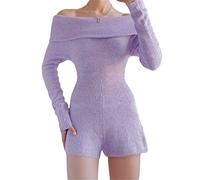 XIXIMAON Grenouillère sexy en tricot pour femme - Col bateau - Épaules dénudées - Couleur unie - Manches longues, violet, S