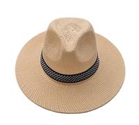 XIXIMAON Homme Chapeau de Paille Panama à Larges Bords d'Eté Fedora Trilby Gangster Chapeau de Soleil Anti-UV avec Ruban pour Plage Vacances (Beige, Taille Unique)