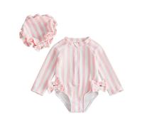 XIXIMAON Maillot de Bain Bébé Fille Rayé Combinaison de Bain Anti-UV à Manches Longues Fermeture Eclair avec Chapeau pour Plage Piscine (Rose Rayure, 12-18 Months)
