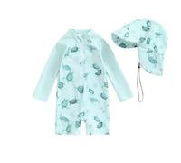 XIXIMAON Maillot de Bain Bébé Garçon Anti-UV Combinaison Natation Manches Longues et Chapeau de Bain Ensemble Piscine Plage Plongée Surf (Bleu Vert Tortue, 12_months-24_Months)