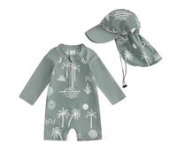 XIXIMAON Maillot de Bain Bébé Garçon Anti-UV Combinaison Natation Manches Longues et Chapeau de Bain Ensemble Piscine Plage Plongée Surf (Vert Motif, 6-12 Months)