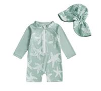 XIXIMAON Maillot de Bain Bébé Garçon Anti-UV Combinaison Natation Manches Longues et Chapeau de Bain Ensemble Piscine Plage Plongée Surf (Vert Etoile de Mer, 6-12 Months)