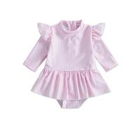 XIXIMAON Maillot de Bain Une Pièce Bébé Fille Rayé Combinaison de Bain Anti-UV à Manches Longues à Volant pour Piscine Plage avec Chapeau (Rose Volants, 2-3 Years)