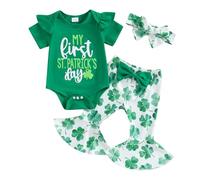 XIXIMAON My First St Patrick Day Tenues nouveau-né manches courtes à volants barboteuse nœud taille élastique imprimé trèfle pantalon bandeau 3 pièces, Vert, 3-6 mois