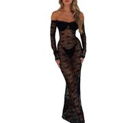 XIXIMAON Robe Transparente Femme Sexy en Dentelle Robe Maxi Moulante Epaule Dénudée à Manches Longues Clubwear Robe Décontractée (Noir, M)