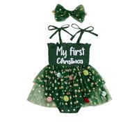 XIXIMAON Robe Tutu De Noël Bébé Petite Fille Tenue Sapin de Noël Robe Princesse Tulle Etoile à Paillettes Costume de Fête Soirée Déguisement Noel Enfant Fillette (Vert My First Christmas, 6-12 Mois)