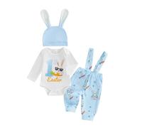 XIXIMAON Tenue de Pâques pour bébé garçon avec imprimé de lettres de lapin à manches longues Barboteuse Haut porte-jarretelles et pantalon Ensemble chapeau de lapin nouveau-né printemps automne