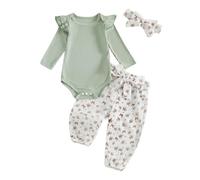XIXIMAON Vêtement Bébé Fille Nouveau-né Ensemble Body Manches Longues à Volant + Pantalon avec Ceinture Imprimé Nœud Papillon + Bandeau Tenues 3 PCS (Vert, 3-6 Months)