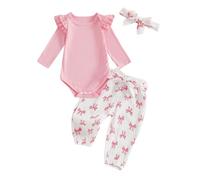 XIXIMAON Vêtement Bébé Fille Nouveau-né Ensemble Body Manches Longues à Volant + Pantalon avec Ceinture Imprimé Nœud Papillon + Bandeau Tenues 3 PCS (Rose, 6-12 Months)