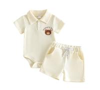XIXIMAON Vêtement Naissance Bébé Garçon Eté Body Ours à Manches Courtes + Short Ensemble 2 Pièces (Abricot Ourson, 3-6 Months)