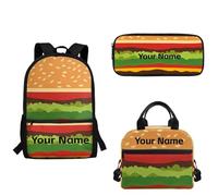 xixirimido Lot de 3 sacs à dos personnalisés pour enfants, école, déjeuner, boîte à crayons, trousse à crayons pour école primaire primaire, Hamburger, Taille unique, Sac à dos décontracté