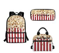 xixirimido Lot de 3 sacs à dos personnalisés pour enfants, école, déjeuner, boîte à crayons, trousse à crayons pour école primaire primaire, Popcorn, Taille unique, Sac à dos décontracté