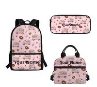 xixirimido Lot de 3 sacs à dos personnalisés pour enfants, école, déjeuner, boîte à crayons, trousse à crayons pour école primaire primaire, Dessert Bus Rose, Taille unique, Sac à dos décontracté