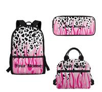 xixirimido Lot de 3 sacs à dos personnalisés pour enfants, école, déjeuner, boîte à crayons, trousse à crayons pour école primaire primaire, Peau de vache flammée rose, Taille unique, Sac à dos