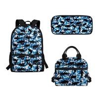 xixirimido Lot de 3 sacs à dos personnalisés pour enfants, garçons et filles avec trousse à crayons, sac à déjeuner, Requins teints par nœuds bleus, Taille unique, Sac à dos décontracté
