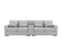 xixiworkshop Canapé moderne 4 places en lin avec console, 2 porte-gobelets, avec câble, poches pour accoudoirs et 4 coussins, canapé simple pour salon, appartement, bureau (gris clair)