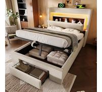 xixiworkshop Lit capitonné 90 x 200 cm avec espace de rangement hydraulique et tête de lit avec compartiment de rangement, cadre de lit à lattes en bois, beige, lin, avec matelas
