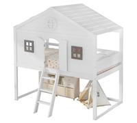 xixiworkshop Lit de maison 90 x 200 cm avec escalier, avec protection contre les chutes et grille, deux fenêtres grises, lit d'enfant avec fenêtre, sous-lit personnalisé, cadre en pin + MDF, blanc +