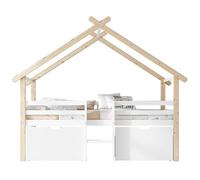 xixiworkshop Lit pour enfant 90 x 200 cm, lit mi-haut avec toit, clôture à quatre côtés avec escalier, 2 casiers avec roues, pin + MDF, blanc + naturel (blanc + naturel, 90 x 200 cm)