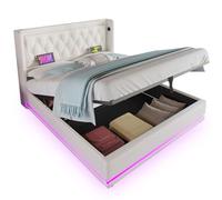 xixiworkshop Lit simple rembourré en polyuréthane noir, lit de rangement hydraulique, tête de lit rembourrée avec USB, 3 côtés, 90 x 200 cm (avec matelas) (blanc, 140)