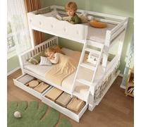 xixiworkshop Lit superposé 90 × 200/140 × 200 cm avec rampes nuages, tiroirs et porte-revues, lit familial en bois pour adultes, EN 747:2024, blanc, sans matelas