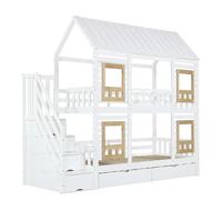 xixiworkshop Lit superposé 90 x 200 cm avec grille de protection contre les chutes de couleur contrastée, avec fenêtre, deux tiroirs avec roulettes, escalier avec 4 étagères, pin + MDF blanc + naturel