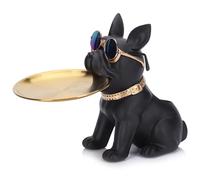 XIYOUQI Statue de bouledogue français en résine, plateau à clés pour table d'entrée, statue de majordome de chien mignon avec plateau, figurine de bouledogue français noire, sculpture animale,