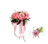 XIZHI Bouquet de mariée avec fleur de rose artificielle au poignet, pour demoiselle d'honneur, ruban de soie synthétique, pour mariages, Saint-Valentin, fêtes, bals scolaires (rose)