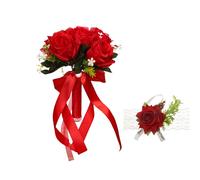 XIZHI Bouquet de mariée avec fleurs artificielles avec rose au poignet, pour demoiselle d'honneur, ruban de soie synthétique, pour mariages, Saint-Valentin, fêtes, bals de fin d'année (rouge)