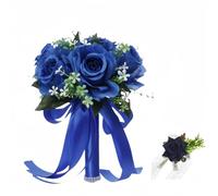 XIZHI Bouquets de mariage pour mariée avec rose au poignet - Bouquet de fleurs artificielles en soie synthétique pour mariage, Saint-Valentin, fête, bal de fin d'année, décoration (bleu roi)
