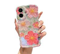 XIZYO Coque pour iPhone 16, motif floral rétro coloré façon peinture à l’huile, cadre ondulé, effet laser brillant, élégante et protectrice, pour femmes et filles - Fleur/vert