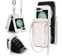 XIZYO Fermeture à Glissière Paquet de Cartes Flip PU Cuir Coque pour Samsung Galaxy Z Flip 5, avec Lanière Amovible et Réglable, Housse Filles Femmes Mignon Luxe avec Porte-Cartes, Blanc