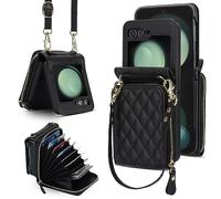 XIZYO Fermeture à Glissière Paquet de Cartes Flip PU Cuir Coque pour Samsung Galaxy Z Flip 5, avec Lanière Amovible et Réglable, Housse Filles Femmes Mignon Luxe avec Porte-Cartes, Noir