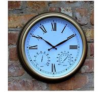 XJBTBA Horloges de d'extérieur étanches, 15 Pouces, Chiffres Romains Vintage, horloges d'extérieur pour Le, Fixation Murale avec thermomètre hygromètre, Horloge à Quartz silencieuse,