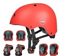 XJD Casque Vélo Enfant Sets de Protection Enfant Genouillères Coudières Protège-Poignets Réglables Kit de Protection Filles Garçons de 3-8 Ans Protection Rollers Trottinette Skateboard (Rouge, M)