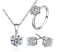 XJEIVJIC Gemstone Rainbow Cubic Zirconia Round Gemstone Necklace Pendant Earrings and Ring Sets for Women