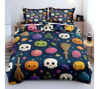 XJHTJA Parure de Lit 200x200 Réversible Halloween pour Garçons et Filles,Motif Tête de Mort Gothique,Citrouille,Balai 2/3 Pièces Microfibre Douce,Motif Floral Bleu