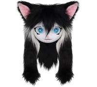 XJKLBYQ Animal Head Cat Fursuit Cut Mask, Halloween Masquerade Cosplay Costume Accessoires avec de Grands Yeux, des Oreilles à Fourrure et des Cheveux Longs/Noir