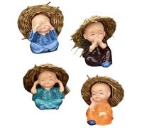 XJKLBYQ Baby Bouddha Moine Statues, 4pcs Miniature Moines Figurine, Petit Moine Kungfu en Chapeau de Paille pour décorations de Voitures / 2x2,4 Pouces