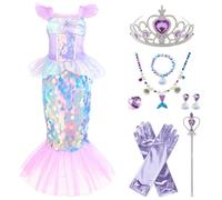 XJKLBYQ Costume de sirène des petites filles, costume de sirène, tenue pour filles avec robe, queue, couronne, canne, collier, gants, bracelet et plus pour Halloween Party Up Cosplay, S